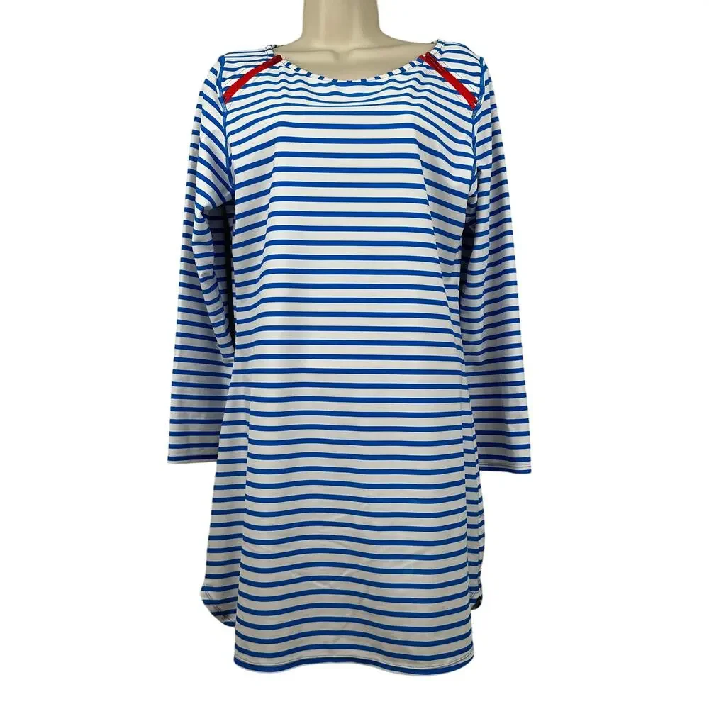 Cabana Life Zipper Swim Dress Cover Up Stripes UPF 50+ Blue White Women's Large